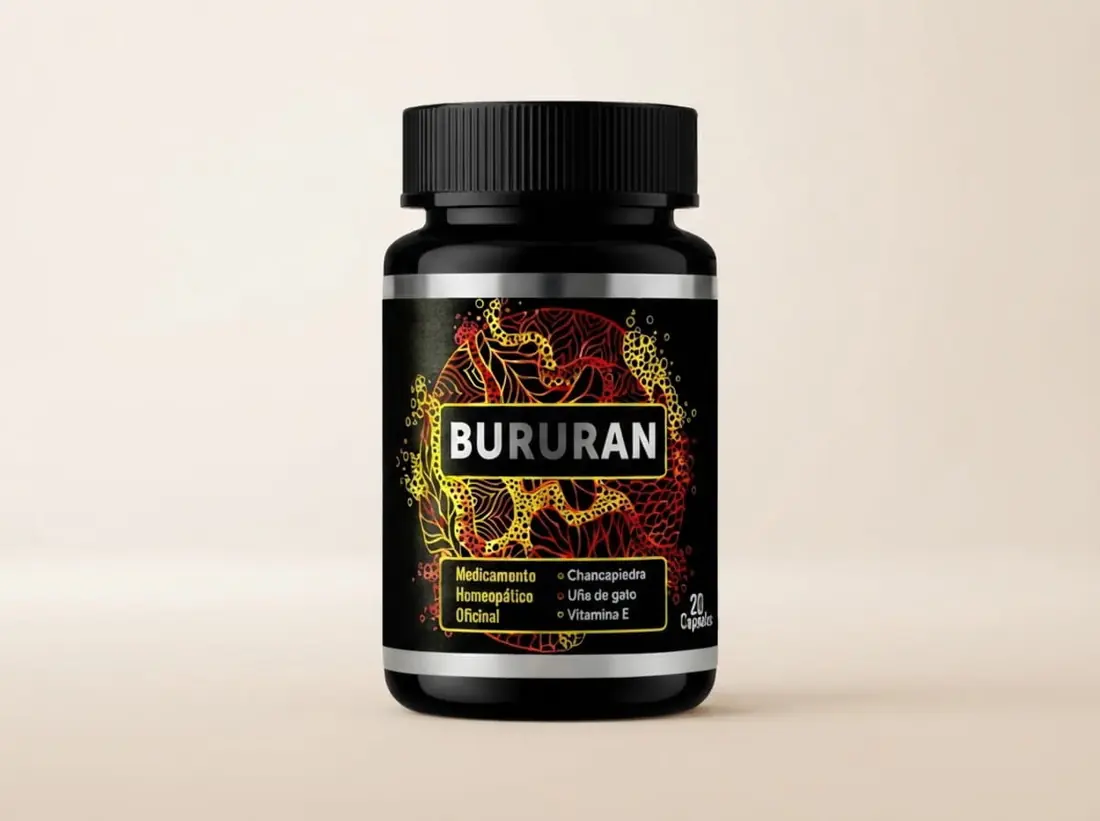 Envase de Bururan Colombia con 20 cápsulas sobre fondo neutro
